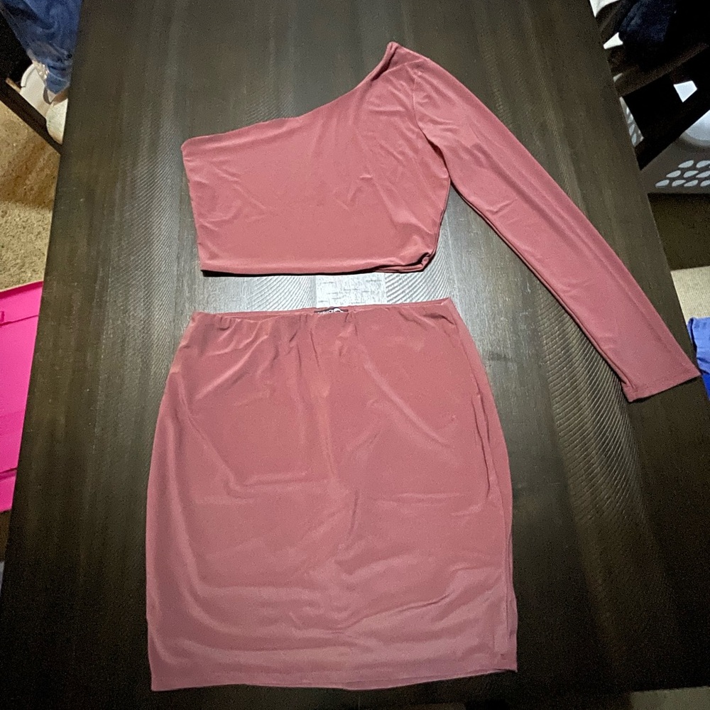 One-Shoulder Pink Crop Top and Skirt Set